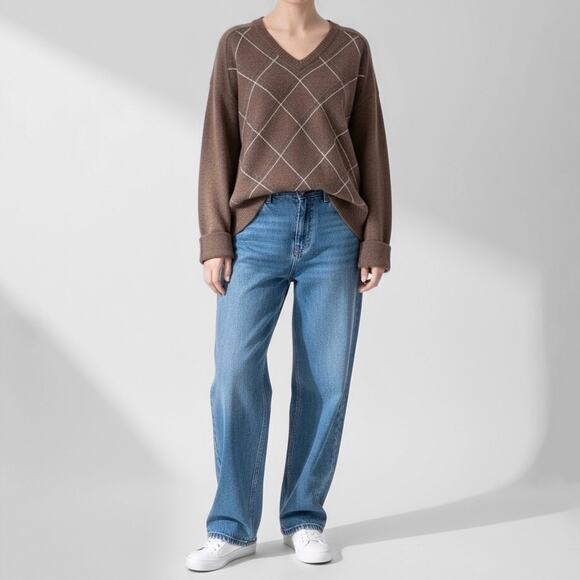 Argyle 100% Cashmere Sweater XL Brown Academia Quiet Luxury Preppy Minimalist - Picture 1 of 9